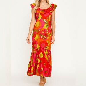 Rare Alice Polynesian Retro Vtg Bright Tropical Floral Ruffle Mermaid Gown Dress